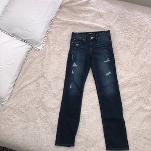 Straight leg dark wash distressed express jeans